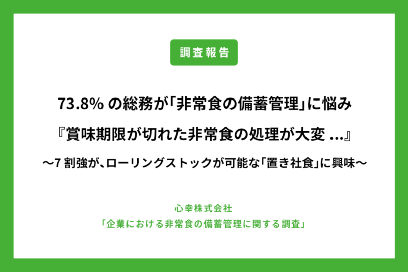 【非常食、準備してそのままになっていませんか？】73.8%の総務が「非常食の備蓄管理」に悩み『賞味期限が切れた非常食の処理が大変…』〜7割強が、ローリングストックが可能な「置き社食」に興味〜のアイキャッチ画像