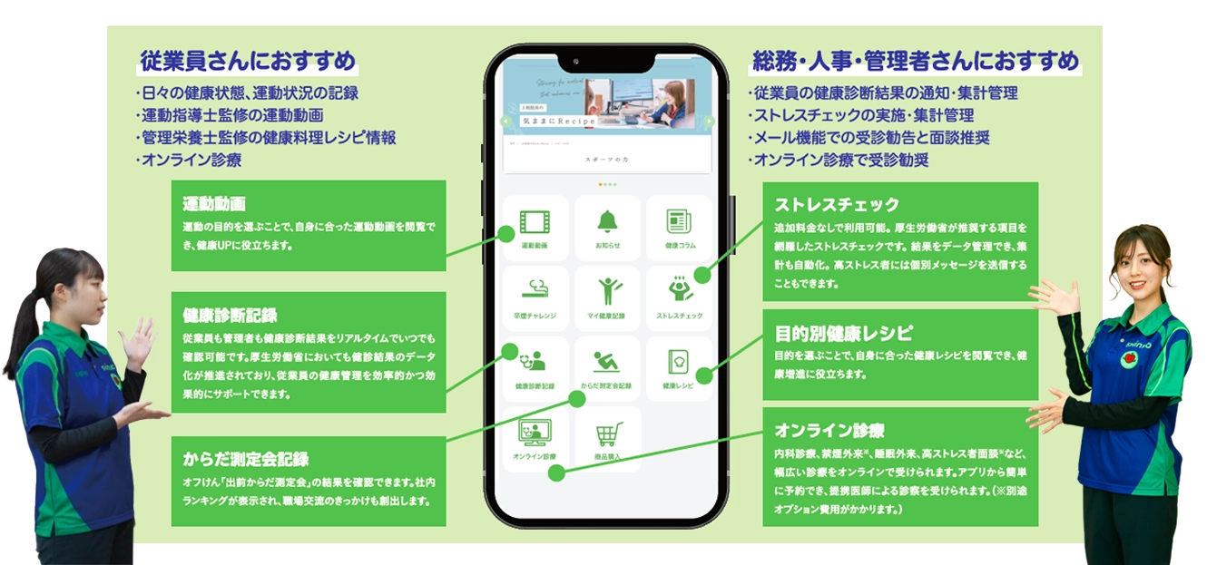 週替り運動動画、健康診断結果登録、目的別健康レシピ、ストレスチェック、マイ運動メニュー、からだ測定結果登録など、便利な健康管理アプリの紹介